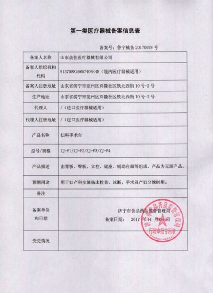 婦（fù）科手術台備案信息表